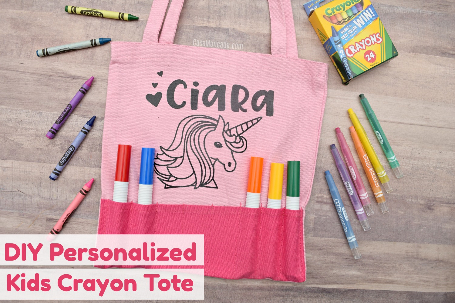 CRAYON TOTE Bag Personalized Toddler or Big Kid Tote WITH Crayon Pocket You choose the Applique